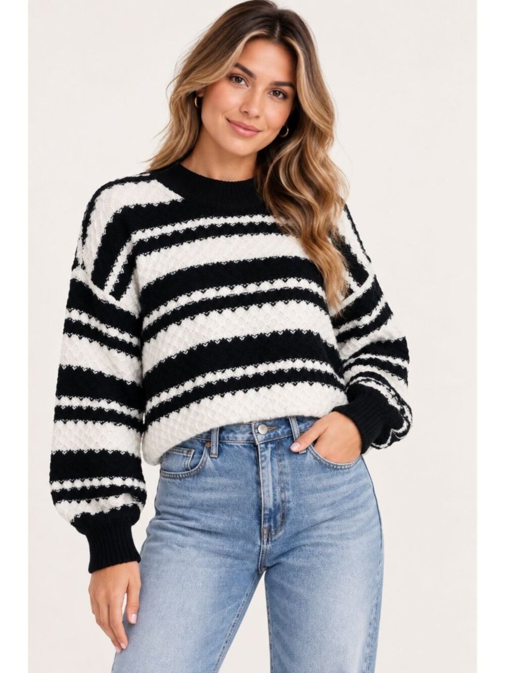 Jessica Simpson Womens Black & White Textured Striped Sweater Size Large